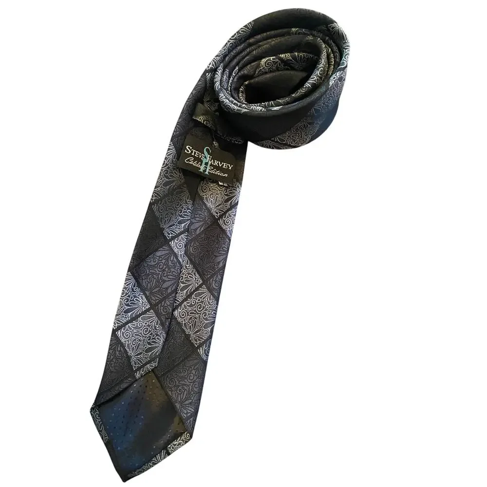 Steve Harvey Celebrity Edition‎ Black Silver Floral Geometric Neck Tie